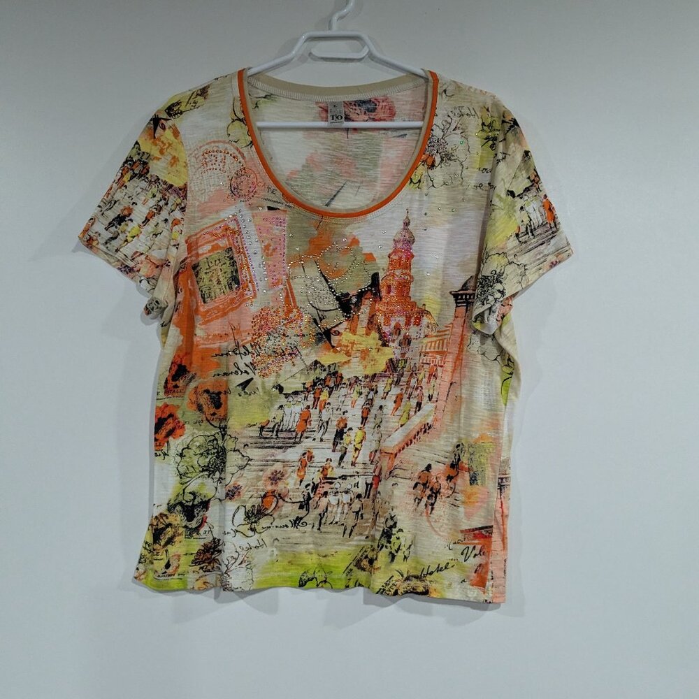 Thomas & Olivia Rhinestone Scenic Tee Orange Yellow Size XL